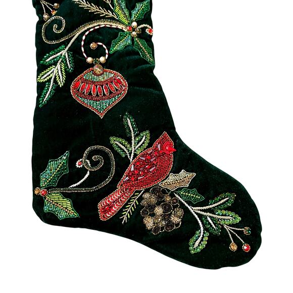 Neiman Marcus Embellished Green Velvet Christmas  Cardinal Stocking Holiday NEW - Picture 7 of 11